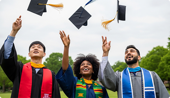 Graduates celebrating and throwing caps in the air